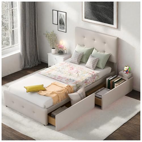 Wyibwy Einzelbett 90x200 cm mit Lattenrost Rückenlehne und zwei Schubladen Polsterbett Velours Kinderbett Gästebett Kinderbett (Weiß(ohne Matratze) von Wyibwy
