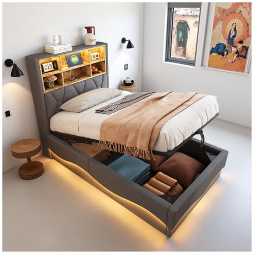 Wyibwy Einzelbett mit Stauraum 90 × 200 cm, per App steuerbarer LED-Streifen, USB-Ladeanschluss, Kinderbett, Leinen, gepolsterte Einzelbetten (ohne Matratze) (Grau, 90 x 200 cm) von Wyibwy