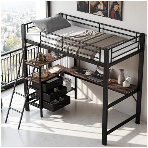 Wyibwy Eisenbett, 90 x 200 cm, mit drei Schubladen, mit 2 Meter Tisch und schräger Leiter, Einzelbett, Hochbett für Kinder und Jugendliche, Schwarz von Wyibwy