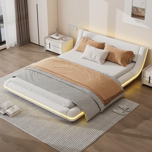 Wyibwy Etagenbett für das Schlafzimmer, Doppelbett 140 x 200 cm, Bodenbett mit LED-Umgebungslicht und 24-Tasten-Fernbedienung, PU+MDF, Bett (weiß, 140 x 200 cm) von Wyibwy