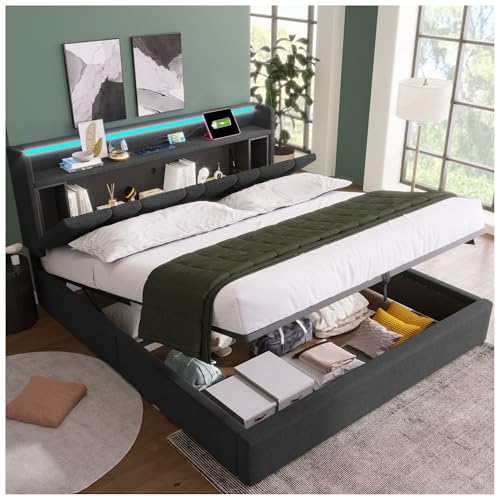Wyibwy Gepolstertes Doppelbett 160x200 cm mit Schrankkopfteil, USB-Ladefunktion und LED-Beleuchtung, Doppelbett Bettgestell Leinen, Grau (ohne Matratze) (140x200cm) von Wyibwy