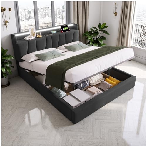 Wyibwy Gepolstertes Doppelbett 160x200 cm mit Schrankkopfteil, USB-Ladefunktion und LED-Beleuchtung, Doppelbett Bettgestell Leinen, Grau (ohne Matratze) (160x200cm) von Wyibwy