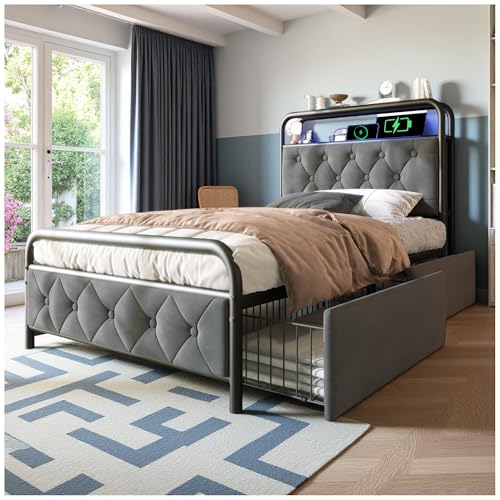 Wyibwy Gepolstertes Einzelbett 90x200 cm mit USB Typ C Ladeeinheit mit verstellbarer LED-Beleuchtung 2 Schubladen Einzelbett Bettgestell Samt (ohne Matratze) Grau von Wyibwy