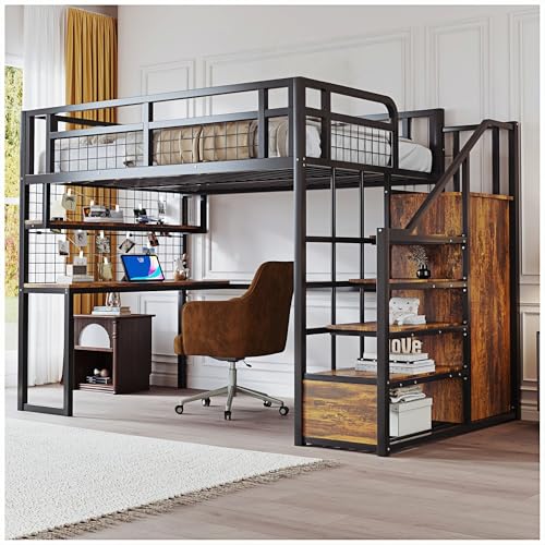 Wyibwy Hochbett aus Metall, 140 x 200 cm, mit Leiter und einfachem Kleiderschrank mit Regalen, Schreibtisch und Netz-Regal, Einzelbett, Doppelbett (Matratze nicht im Lieferumfang enthalten) (schwarz) von Wyibwy