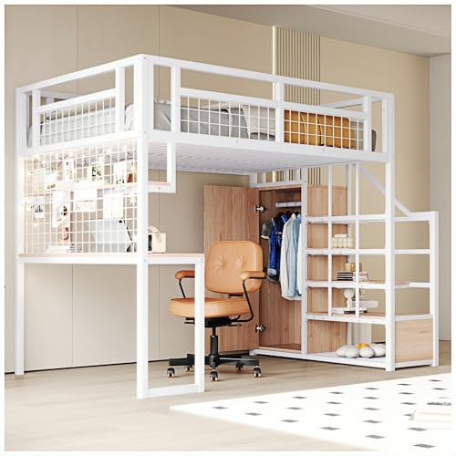 Wyibwy Hochbett aus Metall, 140 x 200 cm, mit Leiter und einfachem Kleiderschrank mit Regalen, Schreibtisch und Netz-Regal, Einzelbett, Doppelbett (Matratze nicht im Lieferumfang enthalten) (weiß) von Wyibwy