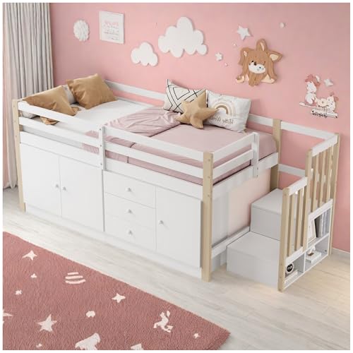 Wyibwy Kinderbett, 90 * 200 cm, Treppenbett, mit 3 Schubladen, mit 2 Schränken und Kleiderbügeln, ohne Matratze, Einzelbett Hochbett, Multifunktionsbett aus Holz, Weiß von Wyibwy