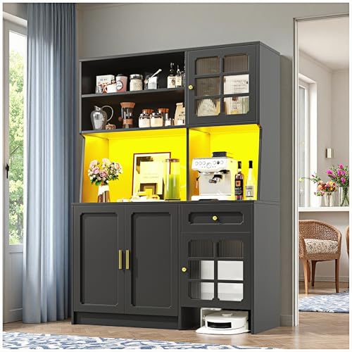 Wyibwy Küchenschrank 130x45x180 cm - Hochschrank - Geschirrschrank mit Stauraum - Mehrzweckschrank Küchenmöbel mit Glastüren und LED Beleuchtung - Schwarz von Wyibwy