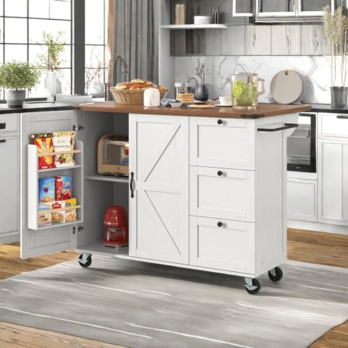 Wyibwy Küchenwagen, Kücheninsel auf Rollen mit klappbarer Arbeitsplatte, mobile Kücheninsel mit 2 Türen und 3 Schubladen, Esstisch mit Holzmaserung, 140 x 45 x 92,5 cm, Weiß 2 von Wyibwy