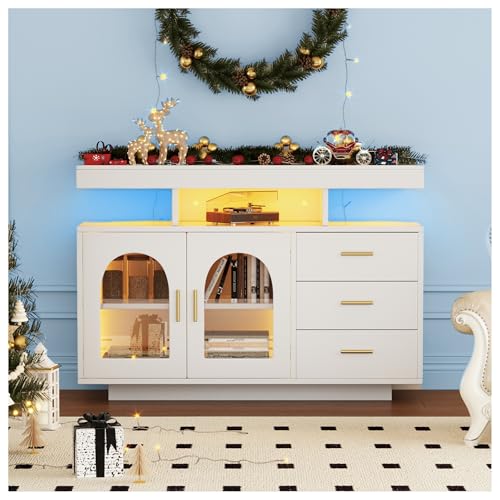 Wyibwy LED Buffet Sideboard 120 cm Bar Schrank Kommode Sideboard Wohnzimmer Hochglanz Küchenschrank mit 16 Farben Lichter für Esszimmer (Weiß) von Wyibwy
