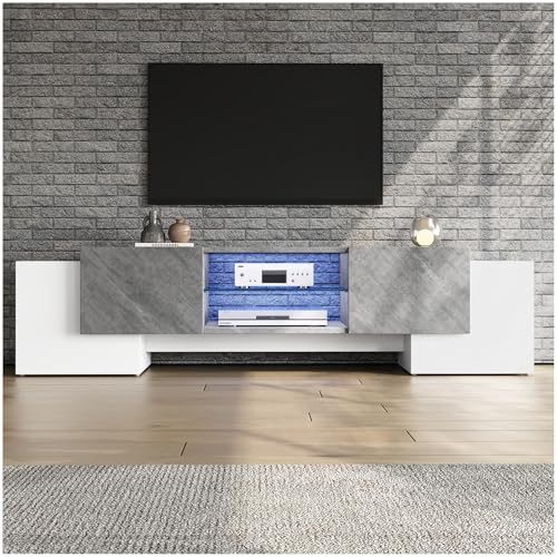 Wyibwy Moderner LED-TV-Schrank, niedriger Schrank mit Glasablagen, mit 4 Ablagefächern, geeignet für Fernseher bis 80 Zoll (200 cm), TV-Möbel von Wyibwy