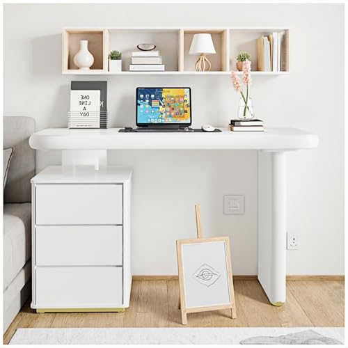 Wyibwy Moderner Schreibtisch 117 × 50 × 74 cm, weiß lackierte Oberfläche auf der gesamten Oberfläche, drei Schubladen, verstärkte Tischplatte und Beine, Schreibtisch mit abgerundeten Kurven von Wyibwy