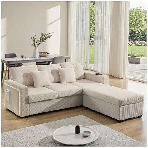 Wyibwy Modernes Ecksofa, Dreisitzer-Sofa mit LED-Beleuchtung, Fußstütze und Seitentaschen in den Armlehnen, modulare Möbel für Wohnzimmer in L-Form (Beige) von Wyibwy