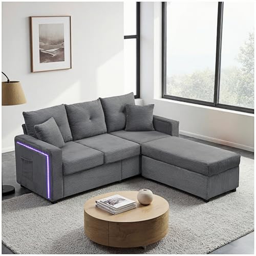 Wyibwy Modernes Ecksofa, Dreisitzer-Sofa mit LED-Beleuchtung, Fußstütze und Seitentaschen in den Armlehnen, modulare Möbel für Wohnzimmer in L-Form (Grau) von Wyibwy