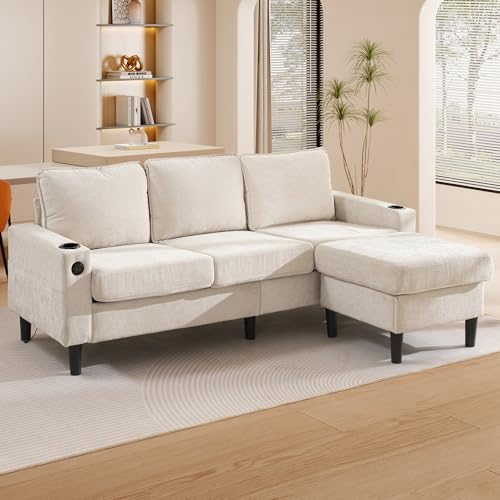 Wyibwy Modernes Ecksofa L mit USB- und Typ-C-Anschlüssen, gepolstertes 3-Sitzer-Sofa mit zwei Getränkehaltern, L-förmiges Schlafsofa, 200,6 x 139,7 x 82,5 cm, Leinenstoff, für Wohnzimmer/Wohnung Wyibwy Modernes Ecksofa L mit USB- und Typ-C-Anschlüssen, gepolstertes 3-Sitzer-Sofa mit zwei Getränkehaltern, L-förmiges Schlafsofa, 200,6 x 139,7 x 82,5 cm, Leinenstoff, für Wohnzimmer/Wohnung von Wyibwy