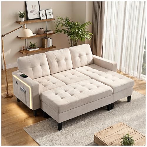Wyibwy Modernes L-förmiges 3-Sitzer-Sofa mit abnehmbarer Fußstütze, LED-Beleuchtung, USB-Anschlüssen und Seitentaschen in den Armlehnen, multifunktionales Schlafsofa (Beige) von Wyibwy