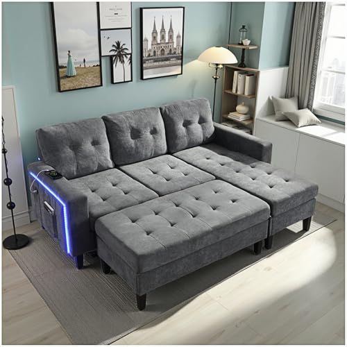 Wyibwy Modernes L-förmiges 3-Sitzer-Sofa mit abnehmbarer Fußstütze, LED-Beleuchtung, USB-Anschlüssen und Seitentaschen in den Armlehnen, multifunktionales Schlafsofa (Grau) von Wyibwy