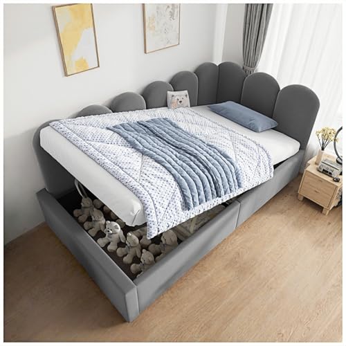 Wyibwy Polsterbett, 90 x 190 cm, Sofabett mit hydraulischem Stauraum, Kinderbett mit Lattenrost aus Metall, Einzelbett, Samt, Grau (Matratze nicht im Lieferumfang enthalten) von Wyibwy