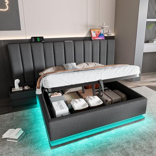Wyibwy Polsterbett 160 x 200 cm, Bett mit LED-App Control und USB-C-Ladefunktion, Doppelbett mit Lattenrost, Leinenstoff, ohne Matratze und Nachttisch, Grau Wyibwy Polsterbett 160 x 200 cm, Bett mit LED-App Control und USB-C-Ladefunktion, Doppelbett mit Lattenrost, Leinenstoff, ohne Matratze und Nachttisch, Grau von Wyibwy