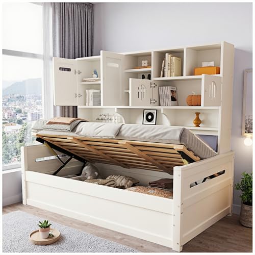 Wyibwy Schlafsofa aus Holz, 90 x 200 cm, mit vielseitigem Stauraum, hydraulischer Mechanismus, geeignet als Einzelbett oder Jugendbett, Bettgestell (weiß, mit Hydrauliksystem) von Wyibwy