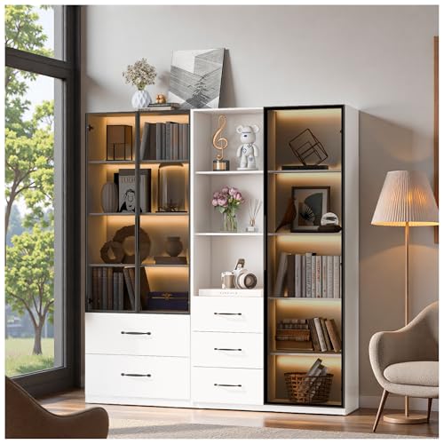 Wyibwy Vitrine 140 × 40 × 160 cm, multifunktionales Bücherregal und Möbelstück, mit Glasböden und offenen Regalen, Soft-Close-Scharnieren, mehrfarbige LED-Beleuchtung, staubdichte Vitrine von Wyibwy