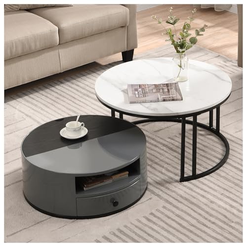 Wyibwy Zweiteiliger Couchtisch – Marmor-Look und Stauraum aus schwarzem und grauem PVC, glänzende Fässer, elegantes Design, geeignet für Wohnzimmer und Balkon, 70 x 70 x 40 + 60 x 60 x 25,5 cm von Wyibwy