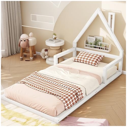 Wyibwy holzbett 90x200 hausform bett mit lattenrost massivholz niederbett kinderbett bett ohne matratze baby weiß von Wyibwy