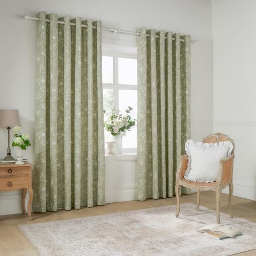 Wylder Bella Ösenvorhang Paar – 100% Baumwolle, natürliches botanisches Blumenmuster, gefütterte Vorhänge (Salbeigrün – 117x137cm) von Wylder Nature