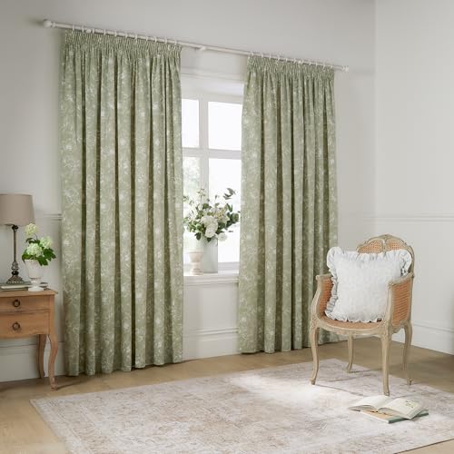Wylder Nature Bella Raumverdunkelungsvorhang mit Bleistiftfalten, 1 Paar – 100% Baumwolle, natürliches botanisches Blumenmuster, gefütterte Vorhänge (Salbeigrün – L 229 x B 168 cm – 2 Paneele) von Wylder Nature