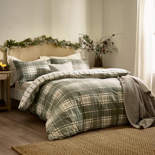 Wylder Nature Braemar Karo-Bettwäsche – Weiche, gebürstete Baumwolle, Wendedesign mit Knopfverschluss (Grün/Natur – Kingsize) von Wylder Nature
