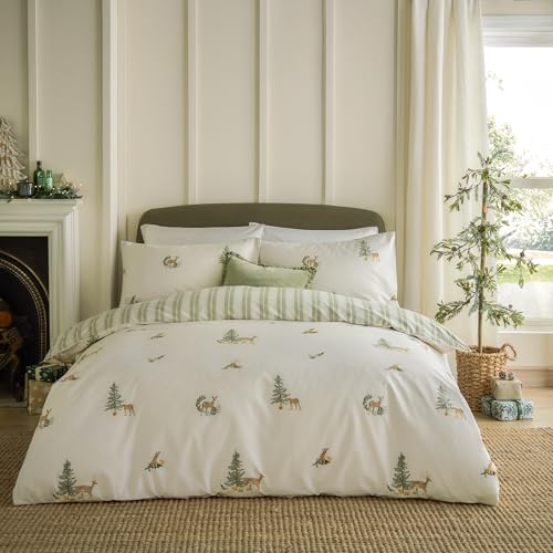 Wylder Nature Charlecote Bettbezug-Set – Wendbare Bettwäsche aus 100% Baumwolle mit Wildtier-Print und gestreifter Rückseite (Grün/Natur – Kingsize) von Wylder Nature