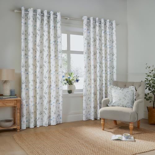 Wylder Meadow Ösenvorhang Paar – 100% Baumwolle, gefütterte Vorhänge mit Landhausblumenmuster (Weiß/Kornblumenblau – 168x229cm) von Wylder Nature
