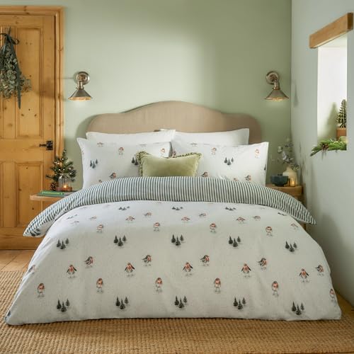 Wylder Nature Robin’s Return Bettbezug-Set – Wendebettwäsche aus gebürsteter Baumwolle mit handbemalten Rotkehlchen (Creme/Kiefer – Kingsize) von Wylder Nature