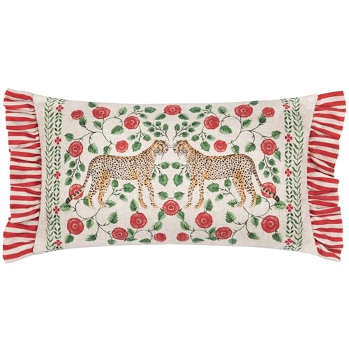 Wylder Tropics Okara Leoparden bedrucktes, mit Rüschen und Federn gefülltes Kissen – Leinen/Rot – 30 x 50 cm von Wylder Tropics
