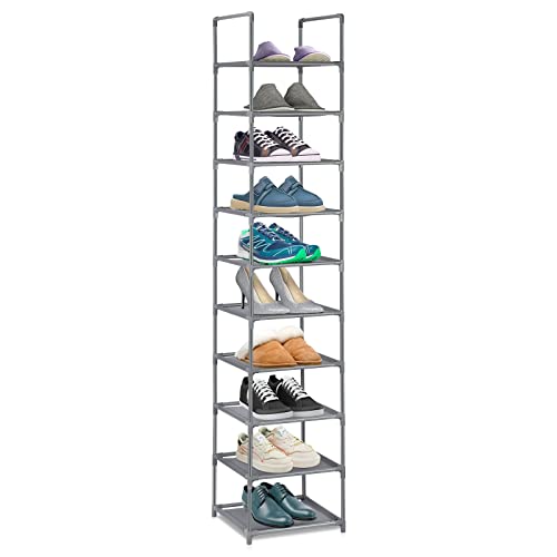Vertikales Schuhregal mit 10 Ebenen, schmales Schuhregal, freistehender, Stabiler, stapelbarer Schuhregal-Organizer, Schuhregal aus Vliesstoff und Metall für Eingangsbereich, Schlafzimmer, Grau von Wylnsie