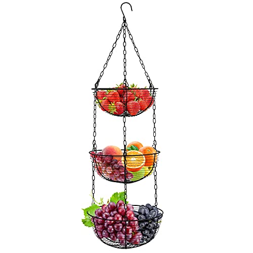 Wylnsie Eisenkörbe Obst Hängekorb, Obstkorb hängend 3-stöckiger mit Haken, Hänge-Regal, Abnehmbarer Obstkorb für Küche Gemüsebrot Organizer von Wylnsie