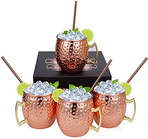 Wylnsie Set aus 4 kupfergehämmerten Moscow Mule-Bechern für gekühlte Cocktail-Getränke, handgefertigter Kupferbecher mit 4 Trinkhalmen, Trinkbecher-Geschenkset für Zuhause, Bar, Party von Wylnsie