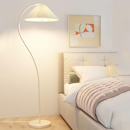 Wylolik Einfache Stehlampe im cremefarbenen Stil weißer Plissee-Schirm Stehleuchte poliertes Eisen vertikale Lampe, Fußschalter Tischlampe Moderne Innenmastleuchte für Schlafzimmer Wohnzimmer von Wylolik