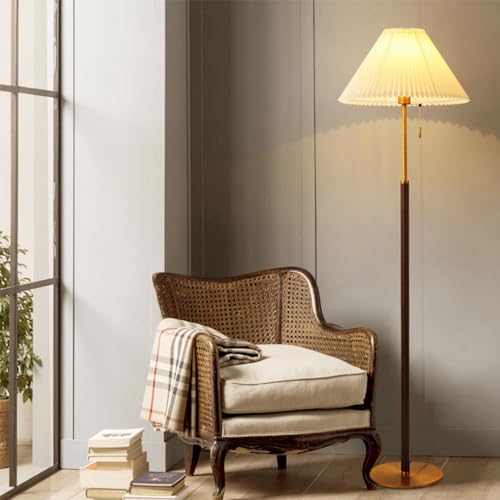 Wylolik Rostfreie Eisen-Stehlampe, nordische moderne Stehlampen plissiert Vintage-Lampenschirm Tischlampe Seilschalter vertikale Lampe klassische Leselampe hohes Licht für Wohnzimmer Schlafzimmer von Wylolik