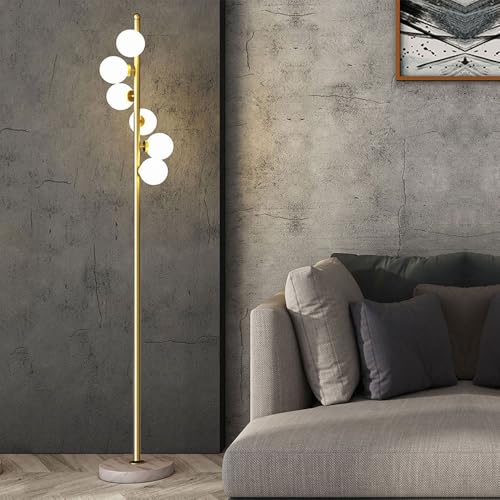 Wylolik Weißer Glasschirm, Stehlampe, 6 Kugeln, kreative Stehlampen klassische goldene vertikale Lampe poliertes Metall, hohe Lampen, dekorative Steh-Stehleuchten für Wohnzimmer Schlafzimmer von Wylolik