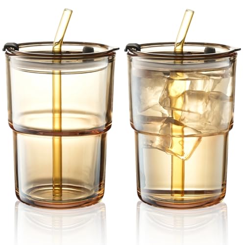 Wynthex 2 Stück 400ml Trinkbecher mit Deckel und Strohhalm, Luftdicht Wasserdicht Design Glasbecher Set, Glas Smoothie Becher für Cappuccino, Latte, Tee, EIS, Eistee, Iced Americano, Milch, Saft von Wynthex