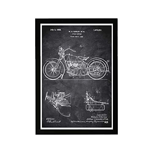 Wynwood Studio Motorrad-Wandkunst, gerahmt, Motiv: Harley 1928 Kreidetafel, rustikale Renn-Heimdekoration für Herren, Getriebe, in Schwarz und Weiß, 48 x 33 cm von Wynwood Studio