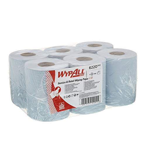 WypAll L10 Papier-Reinigungstücher für Service u. Einzelhandel 6220 – 1-lagige blaue Rolle mit Zentralentnahme – 6 Rollen mit Zentralentnahme x 280 Papier-Wischtücher (insges. 1.680) von Wypall
