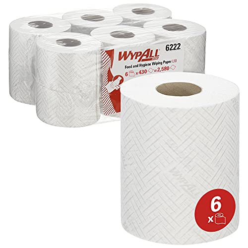 WypAll L10 Papierreinigungstücher für Lebensmittel und Hygiene 6222 – 1-lagige Reinigungstücher für Trockenreinigung – 6 weiße Rollen mit Zentralentnahme x 430 Papierreinigungstücher (insges. 2.580) von Wypall