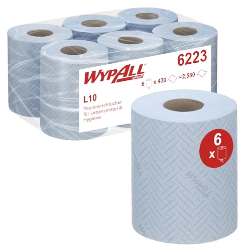 WypAll L10 Papierreinigungstücher für Lebensmittel und Hygiene 6223 – 1-lagige blaue Rolle mit Zentralentnahme – 6 Rollen mit Zentralentnahme x 430 Papierreinigungstücher (insges. 2.580) von Wypall