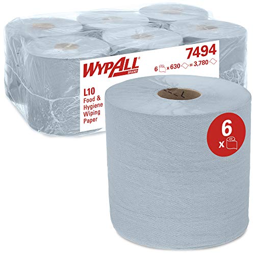 WypAll 7494 Papierwischtücher für Lebensmittel & Hygiene L10 mit Zentralentnahme für Roll Control Spender, 1-lagig, blau (6 Rollen x 630 Wischtücher) von Wypall