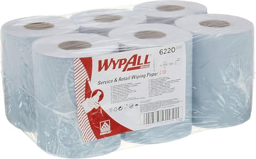 WypAll L10 Papier-Reinigungstücher für Service u. Einzelhandel 6220 – 1-lagige blaue Rolle mit Zentralentnahme – 6 Rollen mit Zentralentnahme x 280 Papier-Wischtücher (insges. 1.680) von Wypall