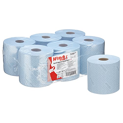 WypAll L10 Papierreinigungstücher für Lebensmittel und Hygiene 7255 – 1-lagige blaue Rolle mit Zentralentnahme – 6 Rollen mit Zentralentnahme x 800 Papierreinigungstücher (insges. 4.800) von Wypall