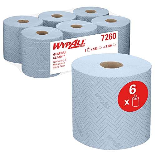 WypAll L20 General Clean blaues Wischtuch für Reinigung und Wartung 7260 – 2-lagige Rolle mit Zentralentnahme – 6 blaue Rollen mit je 550 Papierreinigungstüchern (Gesamtanzahl 3.300) von Wypall