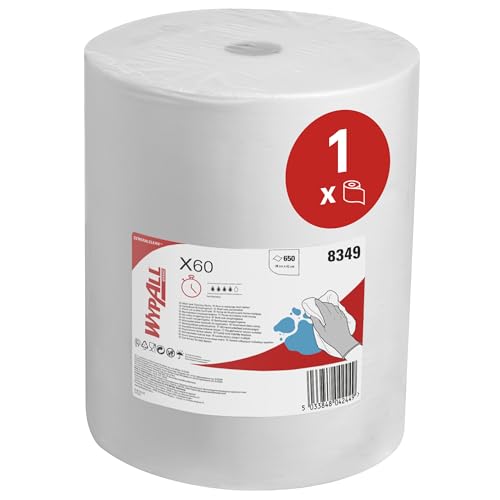 WypAll X60 Multi-Task Reinigungstücher 8349 – wiederverwendbare saugfähige Tücher – 1 Großrolle x 650 weiße industrielle Reinigungstücher von Wypall