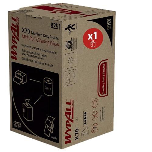 WypAll X70 Power Clean Reinigungstücher für mittelschwere Reinigungsaufgaben 8251 – 2-in-1 Midi-Rollenreinigungssystem – 1 blaue Rolle x 215 blaue Reinigungstücher von Wypall